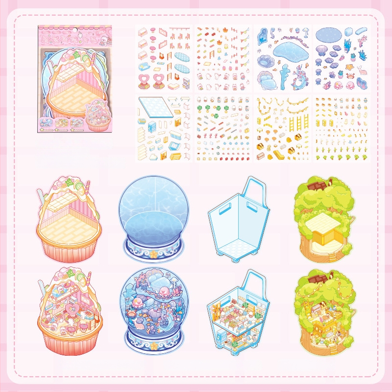 3D mini krajinkové nálepky - vrstvená scéna domčekov, DIY, kreslený štýl, 12 ks