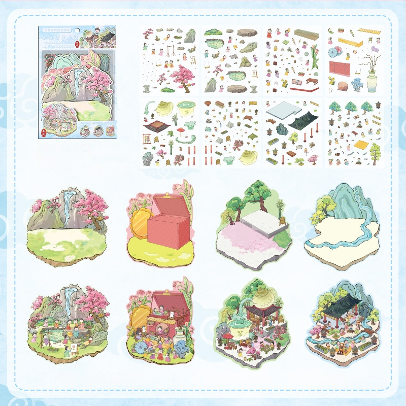 3D mini krajinkové nálepky - vrstvená scéna domčekov, DIY, kreslený štýl, 12 ks