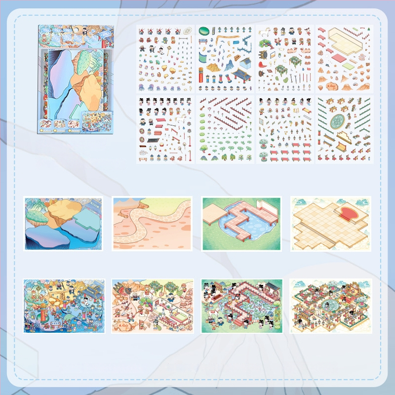 3D mini krajinkové nálepky - vrstvená scéna domčekov, DIY, kreslený štýl, 12 ks