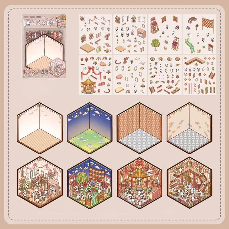 3D mini krajinkové nálepky - vrstvená scéna domčekov, DIY, kreslený štýl, 12 ks