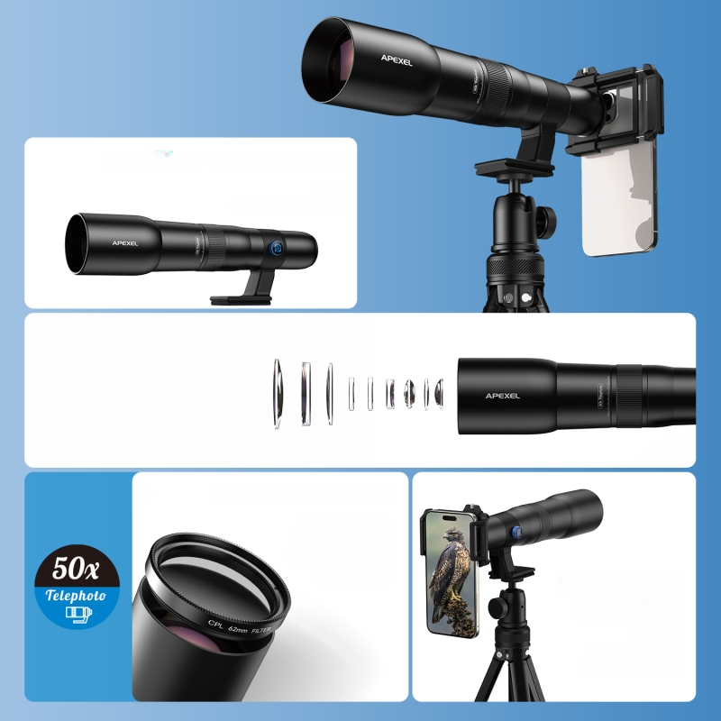APEXEL T30X/T50X mobilný teleobjektív pre smartfóny, univerzálna kompatibilita, 50x zoom pre vonkajšie snímanie