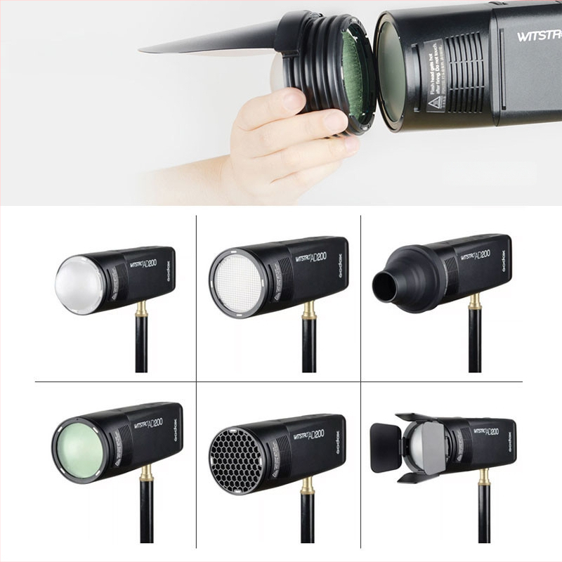 God Cow AK-R1 AD200 Šviesos priedų komplektas: minkštas šviesos difuzorius, spalvų filtrai, bičių korio grotelės, spindulio vamzdelis