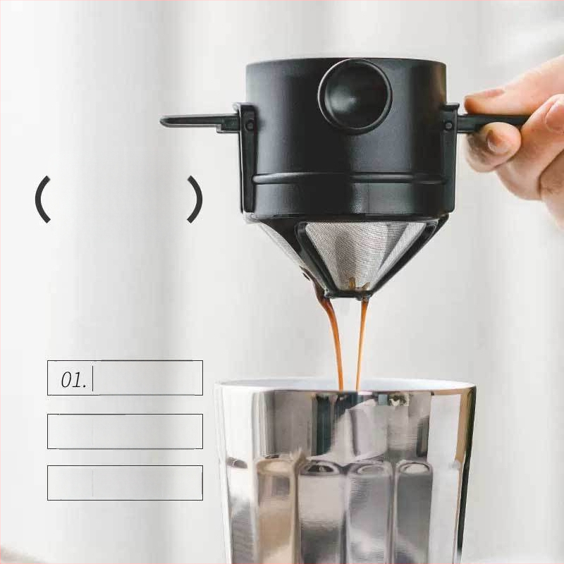 Nerezový kávový filter, dvojvrstvový, prenosný pre vonkajšie použitie, skladacia plastová rukoväť