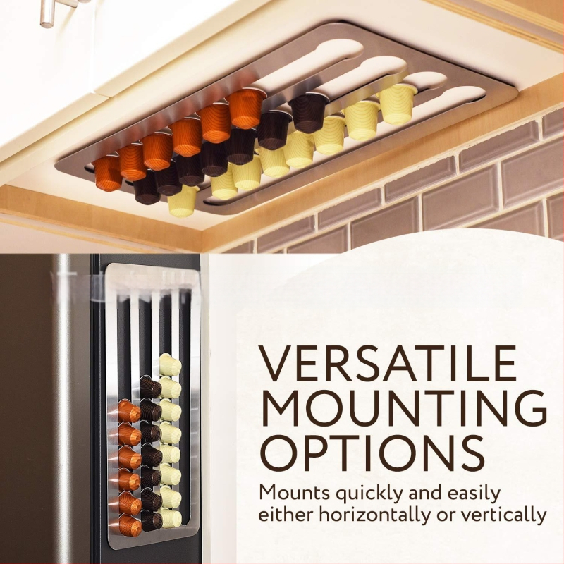 Kovový stojan na kapsule kávy, nástenná lepiaca montáž, moderný minimalistický štýl, uvedený v zime 2020