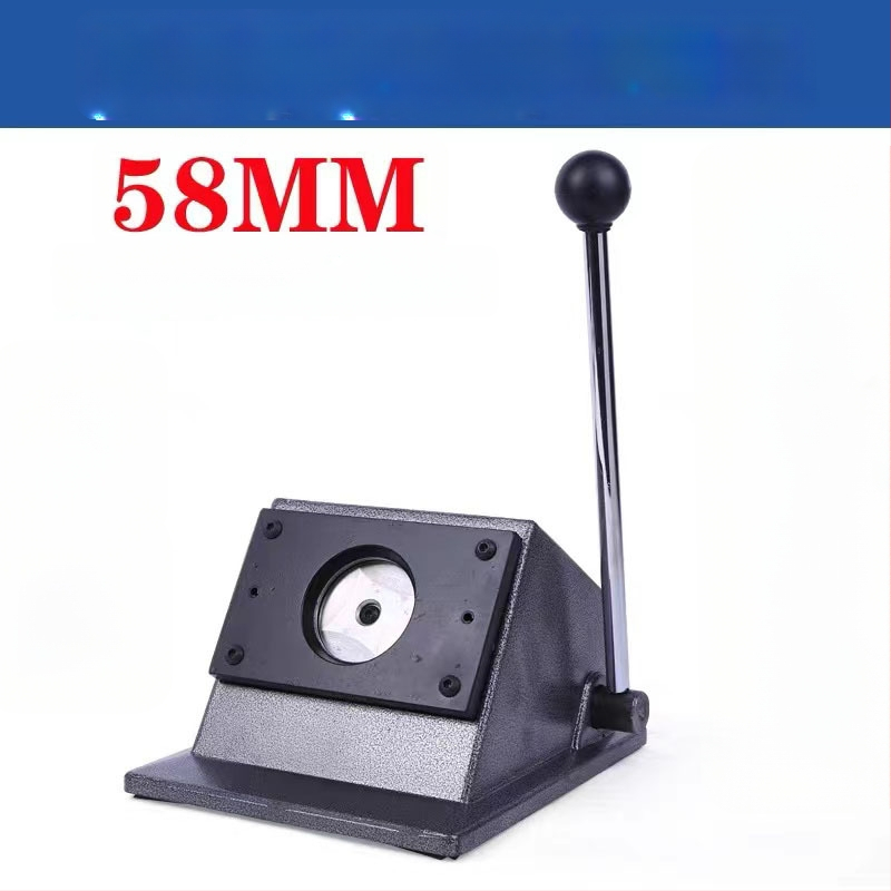 Rezačka na odznaky z tinového plechu – typ Buckle machine, model New badge machine cutter, 58mm odznaková rezacia, pre reklamu a podujatia, hmotnosť 5 kg, rýchlosť posunu 30.