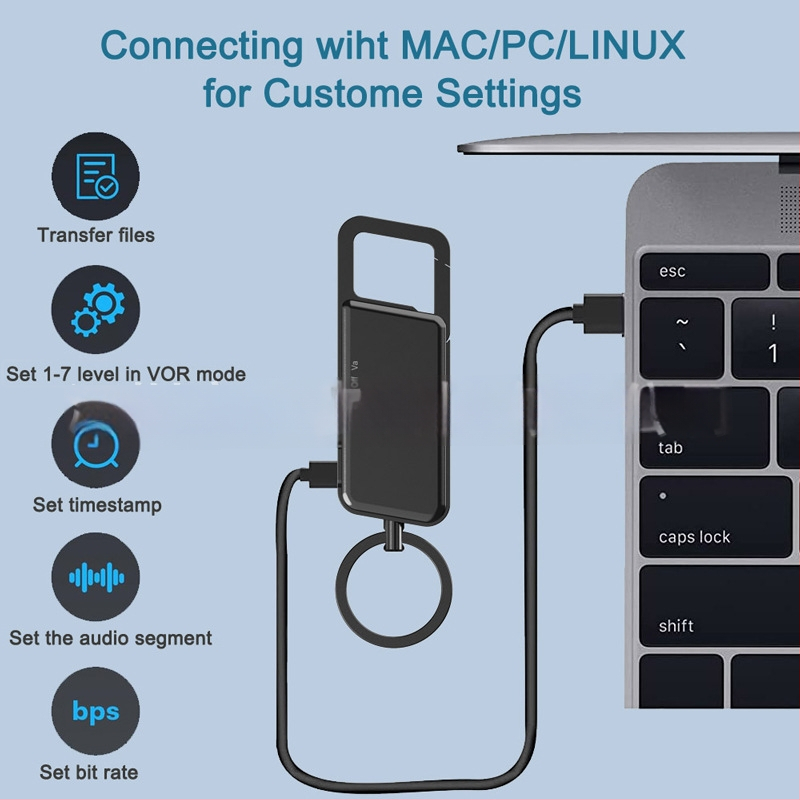 Záznamový pero na kľúčenku – nahrávanie jedným tlačidlom, formát WAV, doba nahrávania 999, podpora TF karty, USB 2.0