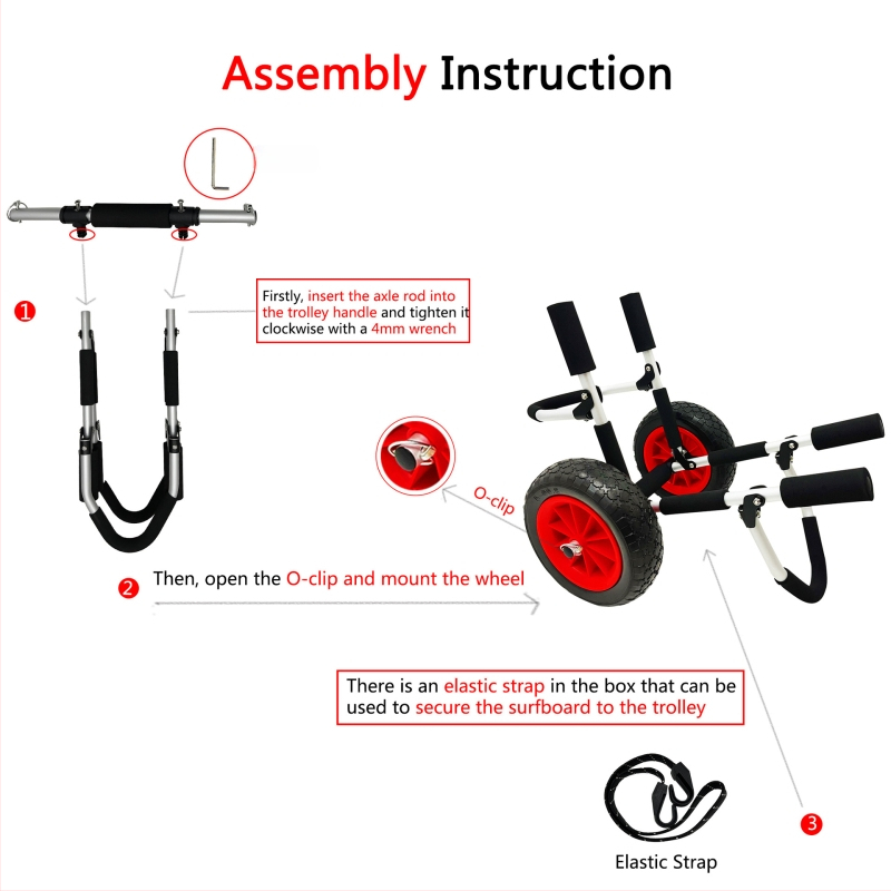 Sulankstomas SUP laivo vežimėlis – aliuminio lydinio rėmas, nerūdijančio plieno varžtai, putų buferis, atsparios važiuoklės padangos pliažui, kalnams ir nelygiems reljefams