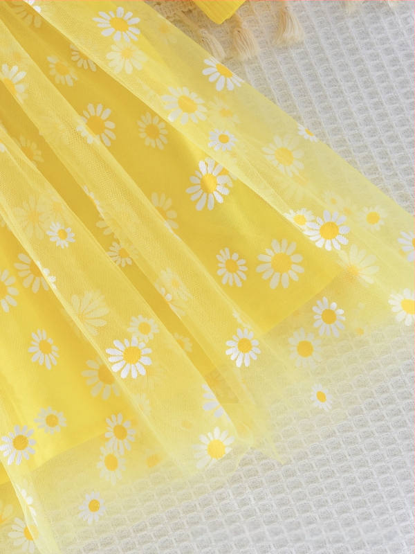 Dievčenské šaty s dlhým rukávom, princeznovský štýl, sieťovinový materiál Milk Silk, potlač cartoon kvetinový, pre vek 1–3 roky, jeseň-zima