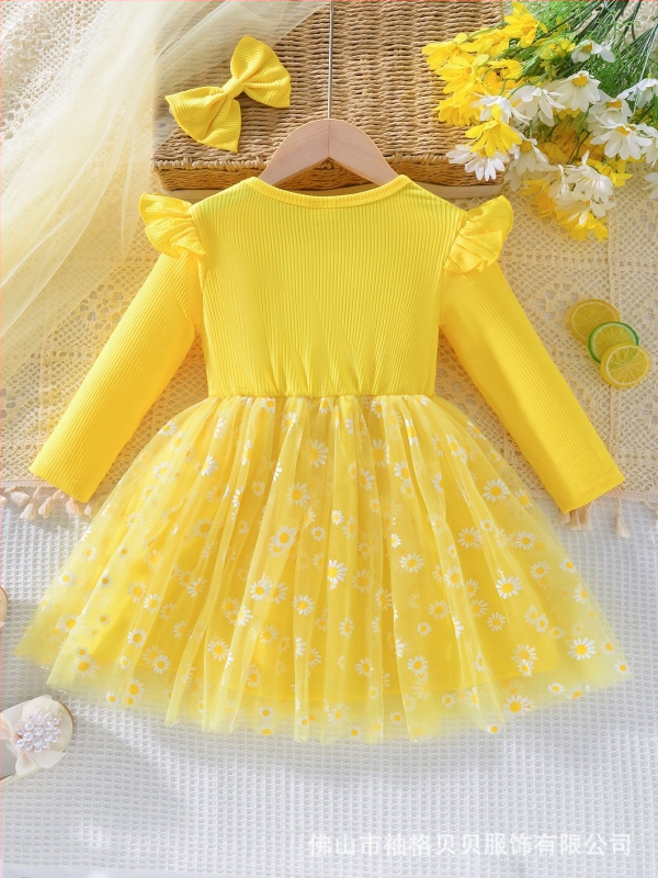 Dievčenské šaty s dlhým rukávom, princeznovský štýl, sieťovinový materiál Milk Silk, potlač cartoon kvetinový, pre vek 1–3 roky, jeseň-zima