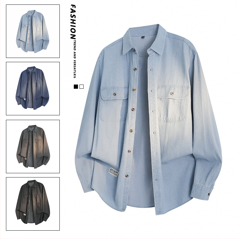 Pánska voľná džínová košeľa s dlhým rukávom, oversize strih, s vreckom, 71-80% bavlna, 30s tkanina, zmes polyesteru-bavlny, jeseň 2025