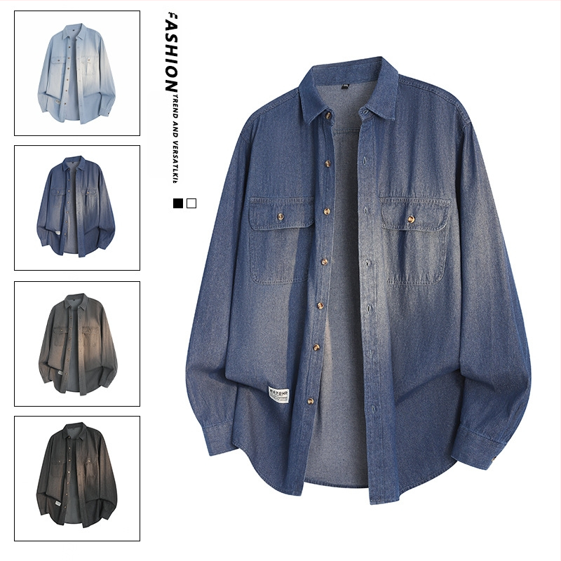Pánska voľná džínová košeľa s dlhým rukávom, oversize strih, s vreckom, 71-80% bavlna, 30s tkanina, zmes polyesteru-bavlny, jeseň 2025