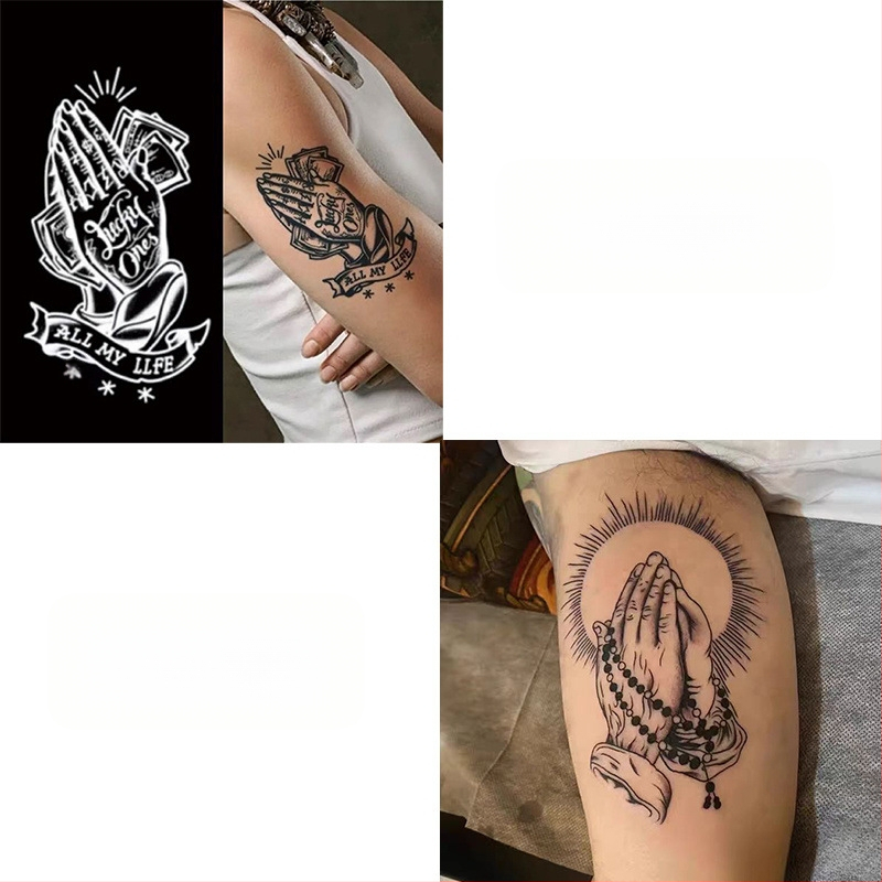 Nálepka na tetovanie na ruku s motívom modlitby – vodotesná, dlhodobá, polopermanentná, realistický dizajn