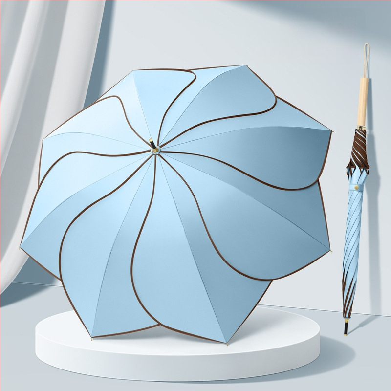 Petálový dážďnik s UV ochranou UPF 50+, 8 žebier, Vinyl 210T látka, konštrukcia z zliatiny, rukoväť z masívneho dreva, možnosť potlače loga