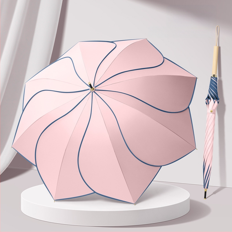 Petálový dážďnik s UV ochranou UPF 50+, 8 žebier, Vinyl 210T látka, konštrukcia z zliatiny, rukoväť z masívneho dreva, možnosť potlače loga