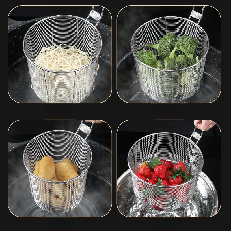 Koš na fritovanie z nehrdzavejúcej ocele 304 s filtrom na rezance, pochúťky a hranolky – rukoväť proti popáleninám, jednoduchý háčik, prispôsobiteľné Zhenggang Hardware