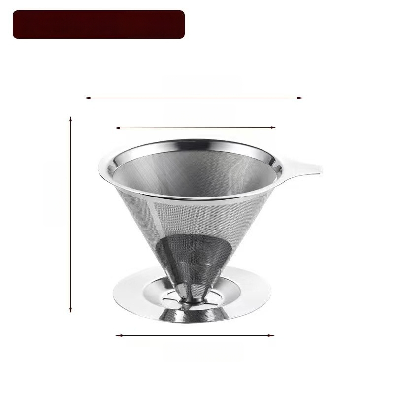 Dvojvrstvový kovový filter na kávu z nerezovej ocele 304, laserovo gravírované logo, vhodné do kaviarne, jednofarebný vzor, balené v papierovej krabici.