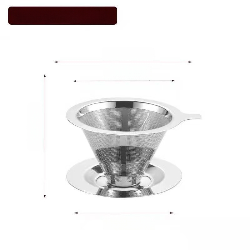 Dvojvrstvový kovový filter na kávu z nerezovej ocele 304, laserovo gravírované logo, vhodné do kaviarne, jednofarebný vzor, balené v papierovej krabici.