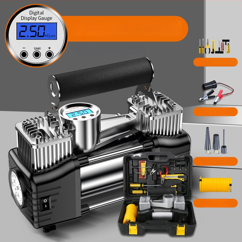 Pārvietojams divcilindru auto riepu piepumpētājs, 12V, 180W, 45 L/min, Digitālais displejs