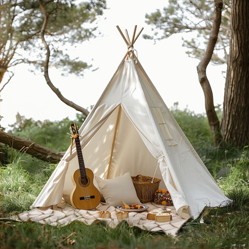 Vienam žmogui skirta sulankstoma stovyklavimo palapinė, trikampio formos; vienos sluoksnio konstrukcija; vidinis audinys ir grindų audinys iš medvilnės ir lino