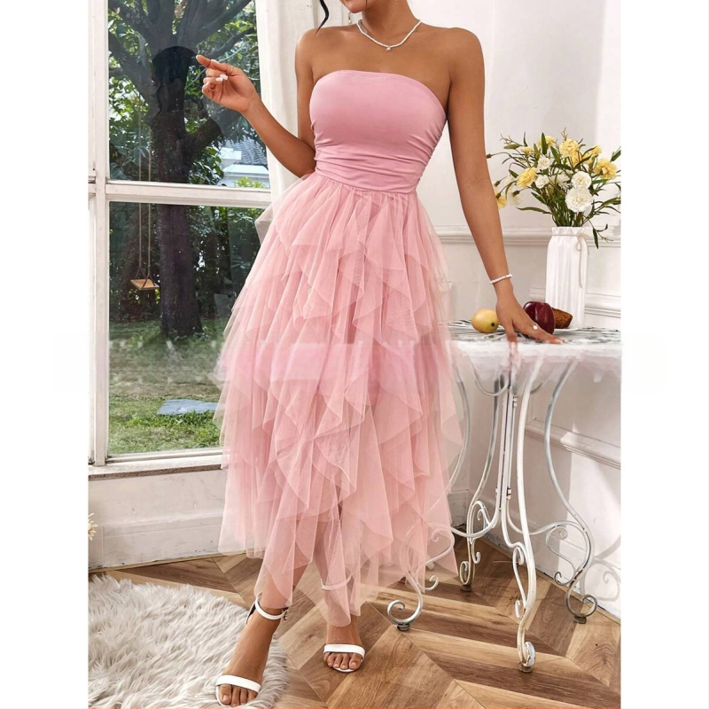 Õhtukleit rihmadeta, varrukateta, kõrge talje, võrguvöö, polüesterkangas