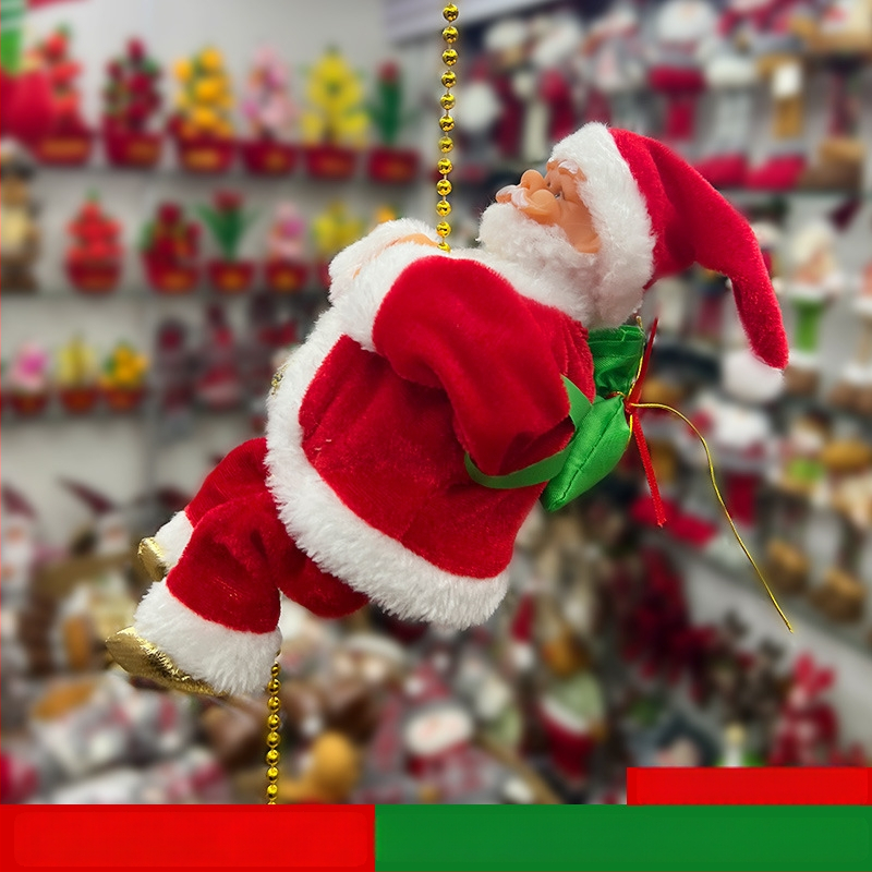 Vianočná dekorácia: Santa Claus zostupuje po lane s korálkami a lezeckou reťazou – visiaca ozdoba na vianočnú scénu (Materiál: plyš; Kód výrobku: lt1006611705; Balenie: farebná škatuľka; Sviatok: Vianoce; IP licencované: Nie)