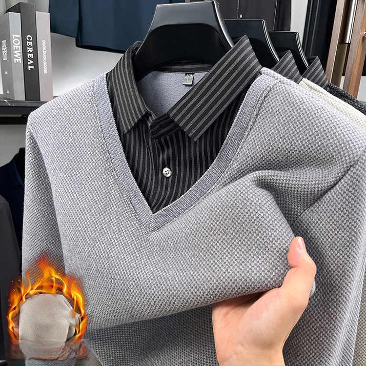 Megztinis polo marškiniai su fliso įdėklu, ilgos rankovės, prigludęs kirpimas, viengubas raštas, patchwork detalė