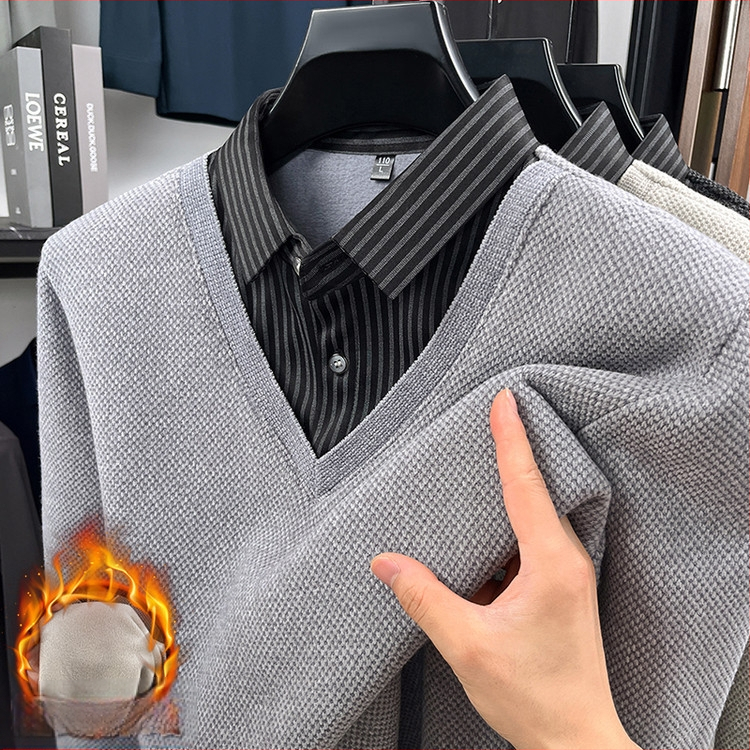 Megztinis polo marškiniai su fliso įdėklu, ilgos rankovės, prigludęs kirpimas, viengubas raštas, patchwork detalė