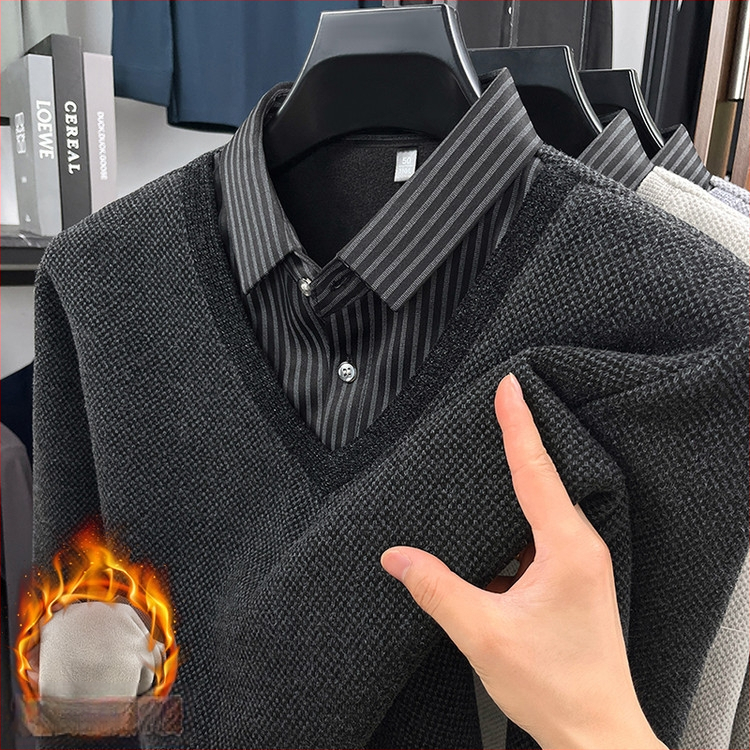 Megztinis polo marškiniai su fliso įdėklu, ilgos rankovės, prigludęs kirpimas, viengubas raštas, patchwork detalė