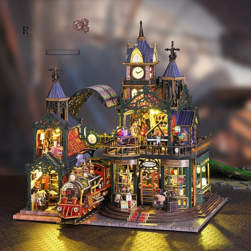 DIY drevený model malého domu — ručne zostaviteľný a slúži ako stojan na knihy. Značka Jiate, kód Es019–a, vhodný pre vek 15–35.