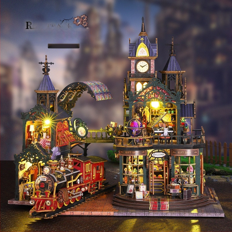 DIY drevený model malého domu — ručne zostaviteľný a slúži ako stojan na knihy. Značka Jiate, kód Es019–a, vhodný pre vek 15–35.