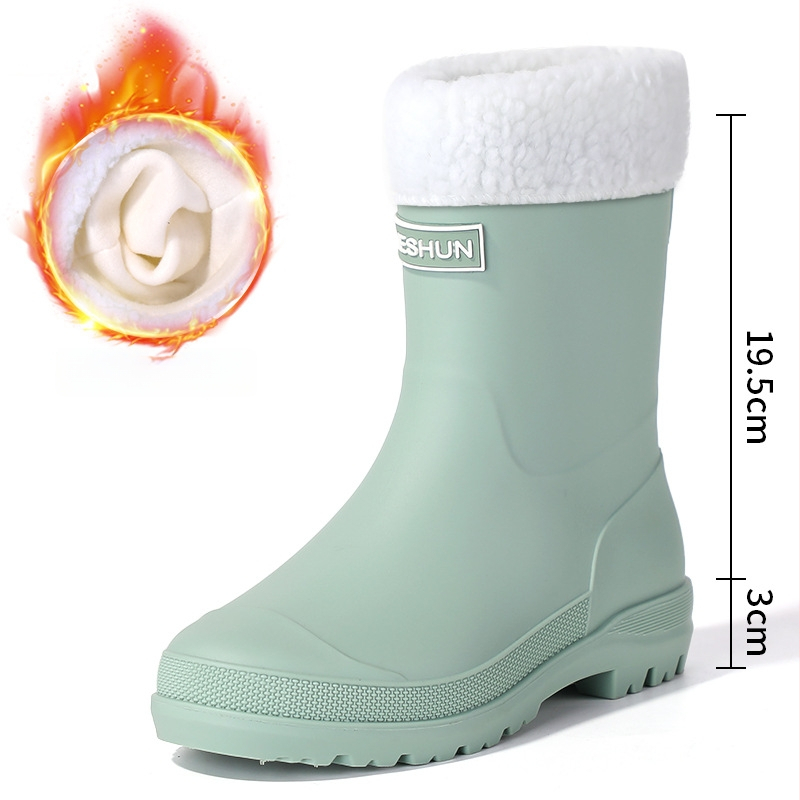 Moterų lietaus botai, PVC viršus, vidutinio ilgio vamzdelis, slip-on, plokščia kulni, visoms sezonoms