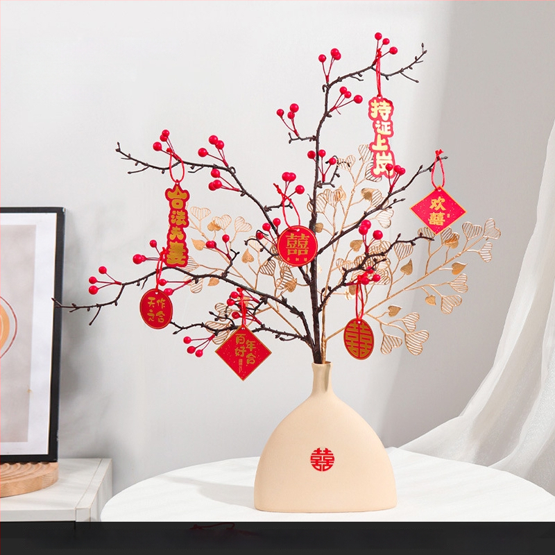 Qiyang Umelé kvety — Granátové jablko, Bohatá ovocná odroda, Materiál 1390, určené na obývaciu izbu a svadobnú výzdobu