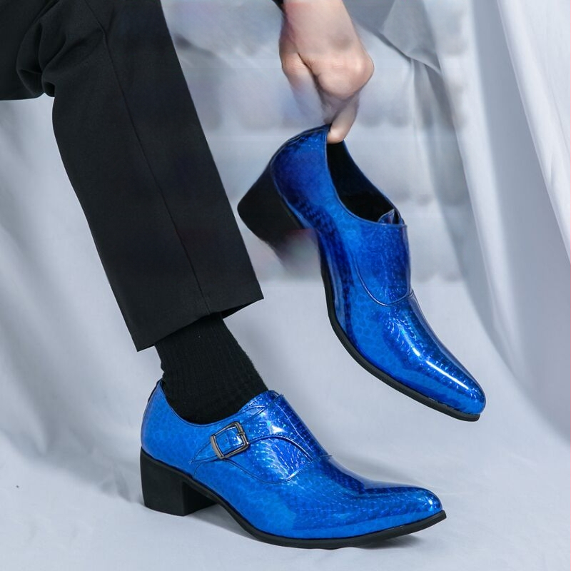 Pánske loafer s ostrým nosom, lakovaná koža, 6–8 cm hrubý podpätok, gumová podrážka, zapínanie s prackou