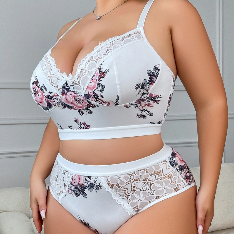 Set spodného prádlena s kvetinovým vzorom a krajkou, podprsenka s mašličkou, pohodlné a priedušné, Polyester 95% / Spandex, pre vek 18–40 rokov, vhodné pre všetky ročné obdobia