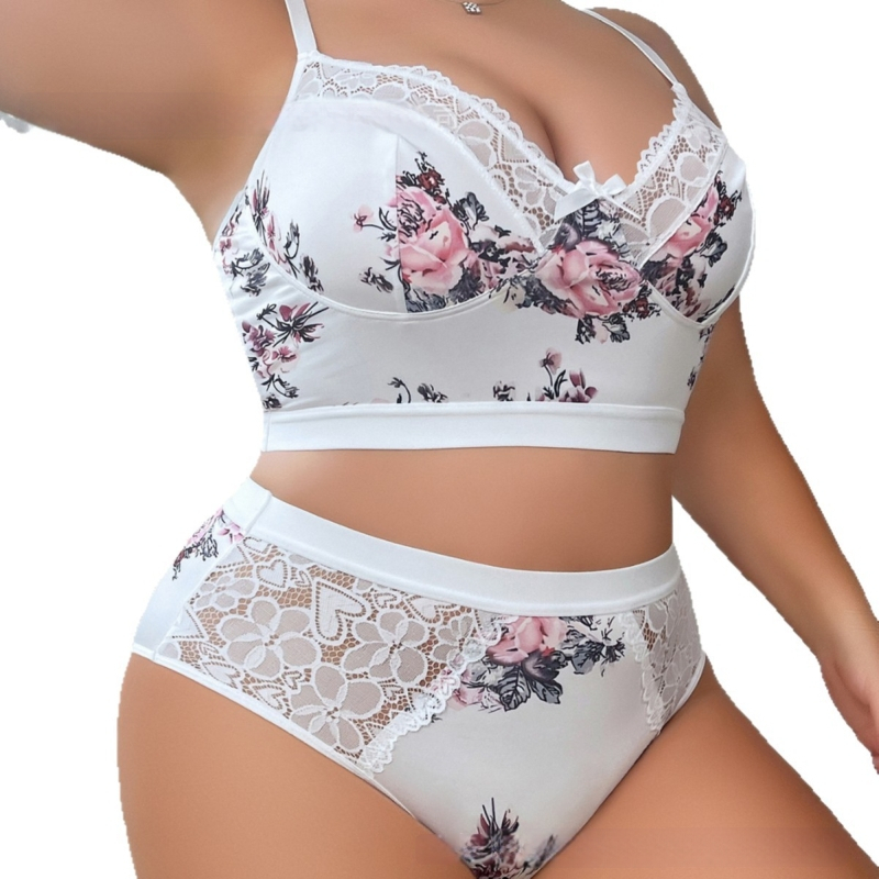 Set spodného prádlena s kvetinovým vzorom a krajkou, podprsenka s mašličkou, pohodlné a priedušné, Polyester 95% / Spandex, pre vek 18–40 rokov, vhodné pre všetky ročné obdobia