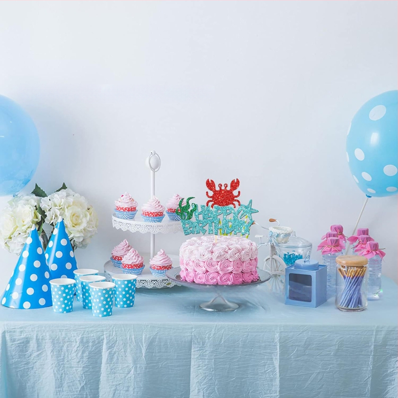 Krabí ozdoby na muffiny pre morské párty — svetlo modré vlajočky na drevených paličkách, papierové vlajočky, strojovo tlačené, bez loga