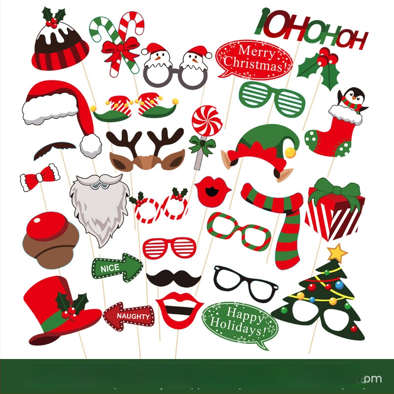 Vianočné rekvizity na fotenie: sada ponožiek, prívesok na čiapku Mikuláša a brada (Materiál: Papier; Spracovanie: Tlač; Typ rekvizít: Maska; Kategória: Rekvizity na fotenie)