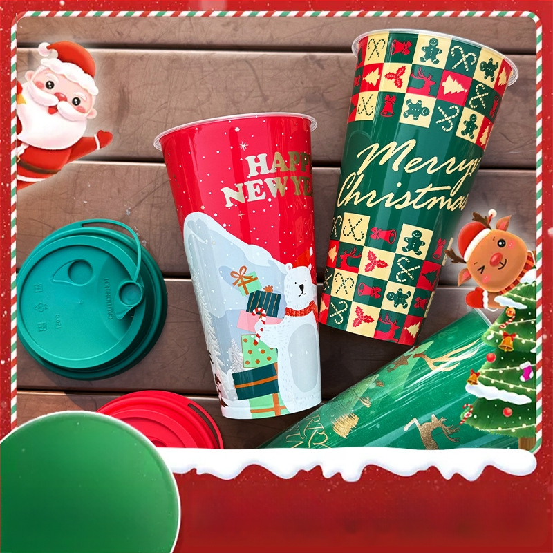 Jednorázový pohár z PP s víčkom, vstrekované lisovanie, vianočná séria s vnútornou nálepkou, objem 501–600 mL
