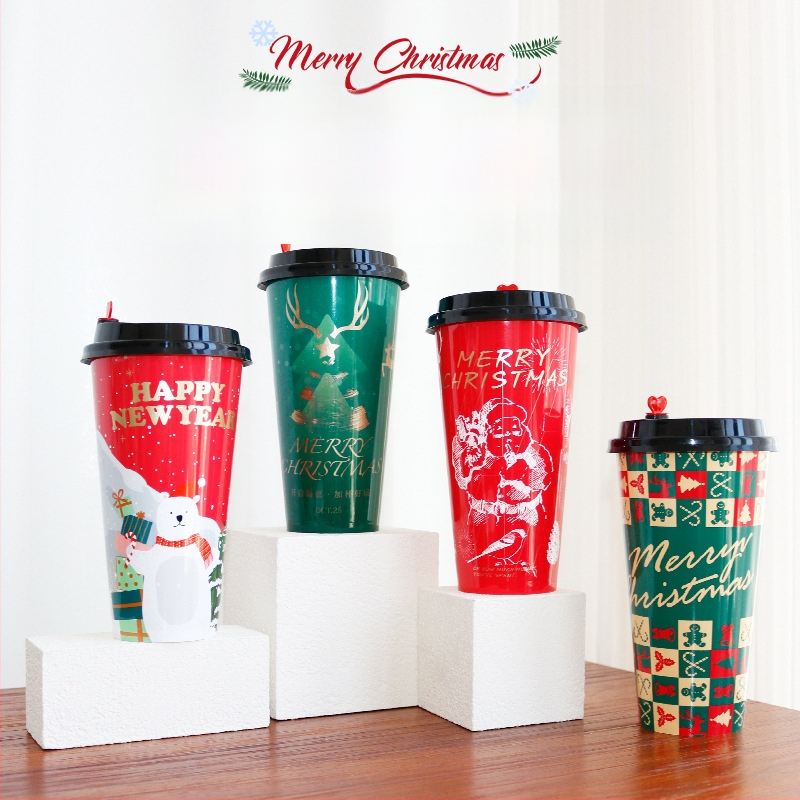 Jednorázový pohár z PP s víčkom, vstrekované lisovanie, vianočná séria s vnútornou nálepkou, objem 501–600 mL