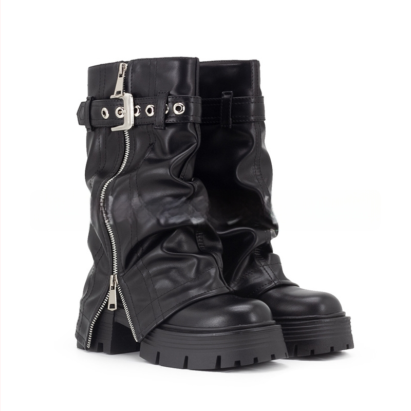 Moteriški PU motocikliniai botai su šoniniu užtrauktuku, apvali nosis, kvadratinė kulnėlė 3–5 cm, vidutinio ilgio blauzda