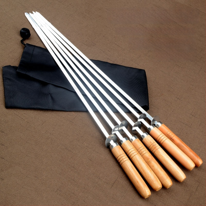 Grilovacie špízy s drevenou rukoväťou z nehrdzavejúcej ocele 430, opakovane použiteľné, 6-dielna súprava s textilnou taškou