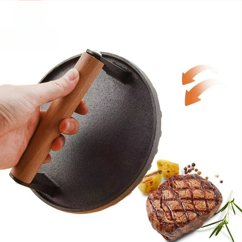 Liatinová kruhová tlačná doska na mäso pre gril, viacúčelová, bezdymová, odnímateľná
