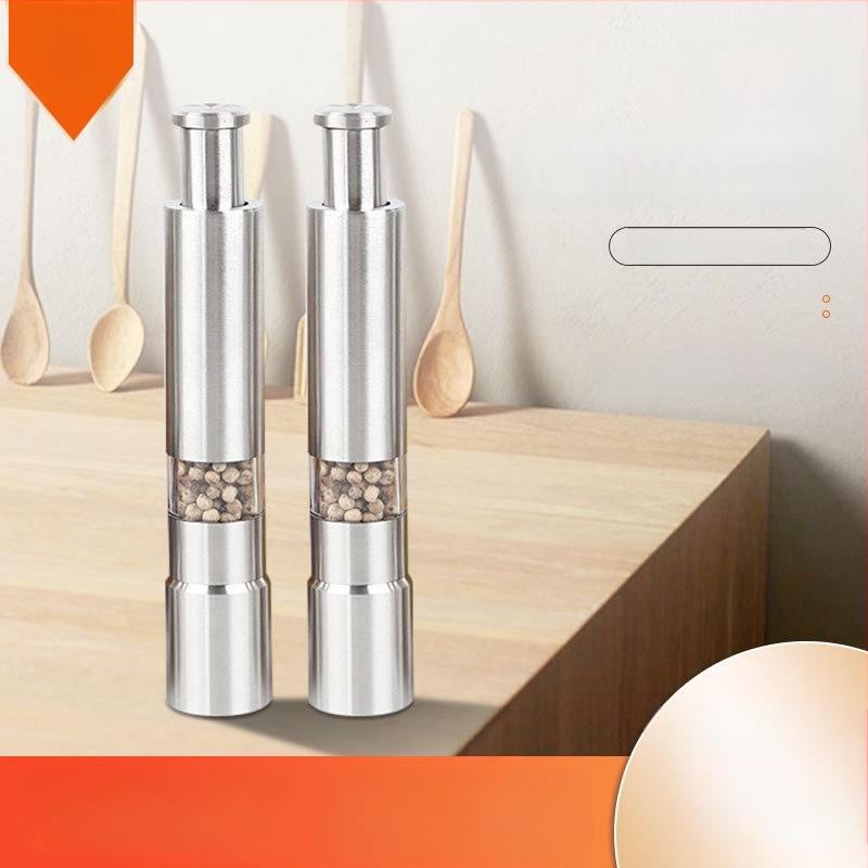 Mlynček na korenie, ručný tlačný typ, nerezová oceľ, vhodný pre pevné koreniny, logo tlačené