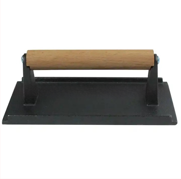 Liatinová doska na lisovanie mäsa, obdĺžniková, s drevenou rúčkou (Značka: HONGXUAN)