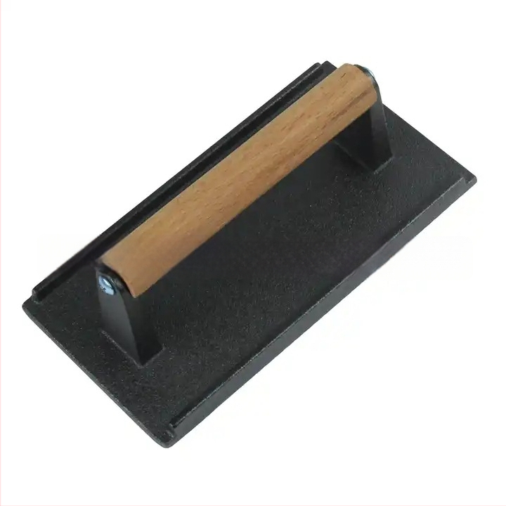 Liatinová doska na lisovanie mäsa, obdĺžniková, s drevenou rúčkou (Značka: HONGXUAN)