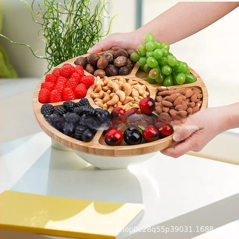 päťpriehradkový tanier na ovocie z bambusu, drevený, moderný minimalistický dizajn