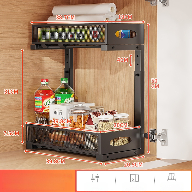 Polica na korenie pod drezom, nastaviteľná vyťahovacia polica, viacúrovňový skladací organizér z kovového drôtu