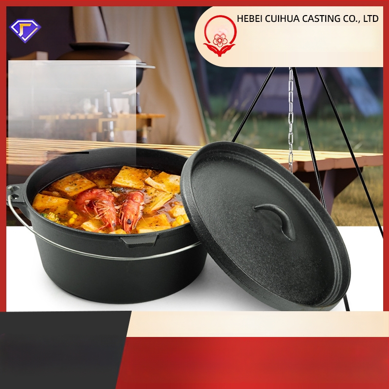 Prispôsobený liatinový holandský hrniec na kemping – izolácia, objem 3.1–4 L, hmotnosť 8.5 kg, liatinový poklop