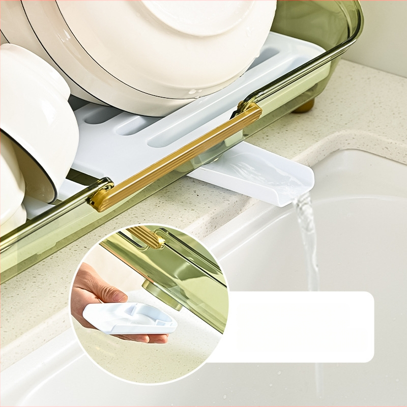 Plastikinis džiovinimo laikiklis su stačiakampiu padėklu dubenims ir įrankiams