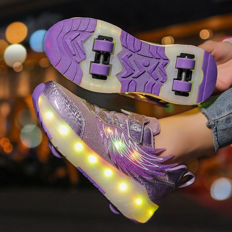 Štvorkolesové kolieskové tenisky pre deti, PU kolies, dvojradové kolies, unisex, LED krídlami